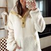 Women's Cozy Beige Fleece Colorblock Trim Sweatshirt with Buttons and Pocket - Image 4