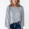 Women's Light Grey Waffle Patchwork Long Sleeve Pullover Top - Image 7