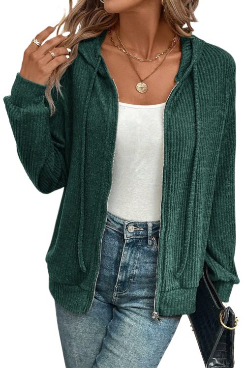 Women's Evergreen Ribbed Zip Up Front Drawstring Hoodie - Trendy and Comfortable