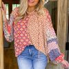 Plus Size Orange Floral Geometric Patchwork Lace-up Crewneck Blouse for Women - Image 5