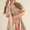 Women's Apricot Pink Floral Smocked Bust Bubble Short Sleeve Maxi Dress - Elegant Spring Summer Style - Image 6