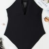 Plus Size Black Halter Mesh Insert One Piece Swimsuit with Knotted Back - Image 14