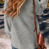 Women's Light Grey Loose Fit Eyelet V Neck Drop Shoulder Sweater - Image 2