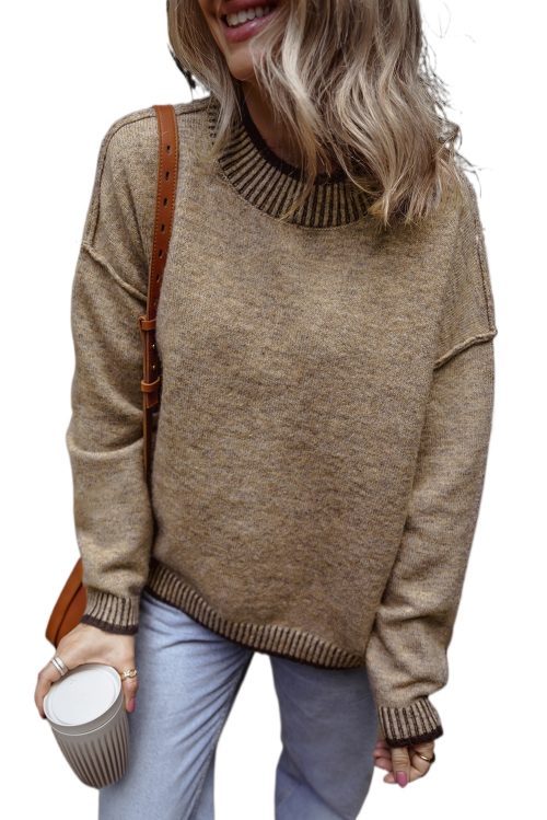 Women's Pale Khaki Contrast Trim Mock Neck Drop Shoulder Sweater