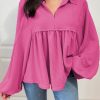 Women's Bright Pink Bubble Sleeve Turn-down V Neck Corded Blouse - Image 3