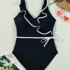 Women's Elegant Black Color Contrast Ruffled Wrap V Neck One-Piece Swimsuit - Image 14