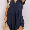 Elegant Navy Blue Plus Size Dress with Collared V Neck and Flutter Sleeves - Image 10