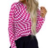 Women's Rose Checkered Pattern Mesh Mock Neck Long Sleeve Top - Stylish & Versatile - Image 5