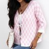 Women's Light Pink Checkered Knitted Lace-Up Ruffled 3/4 Sleeve Cardigan - Image 7