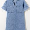 Women's Beau Blue Short Sleeve Collared Denim Mini Dress with Patched Pockets - Image 13