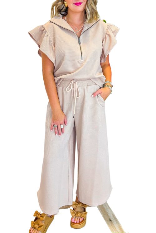 Women's Apricot Textured Ruffled Sleeve Zipped Top and Wide Leg Pants Set