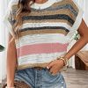 Women's Pink Stripe Color Block Eyelet Knit Short Sleeve Sweater Tee - Image 6