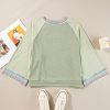 Women's Meadow Mist Green Waffle Knit Patchwork Raglan Top with Wide Bracelet Sleeves - Image 10