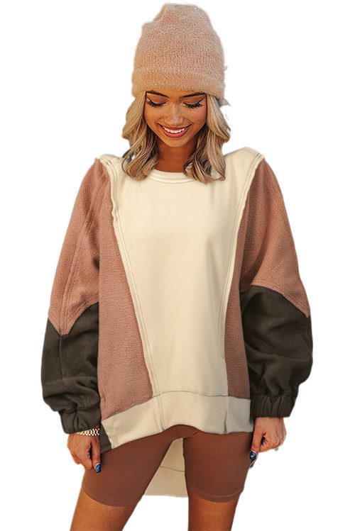 Women's Oversized Beige Color Block Patchwork High-Low Hoodie