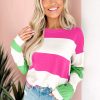 Women's Rose Red Colorblock Striped Drop Shoulder Long Sleeve Top - Image 5