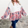 Women's Plus Size Apricot Printed Patchwork Textured Buttoned Blouse - Image 3