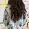 Women's Beau Blue Striped Floral Printed Long Sleeve Tied V Neck Blouse - Image 2