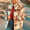 Women's Beige Aztec Printed Stand Neck Zip-Up Jacket - Image 3