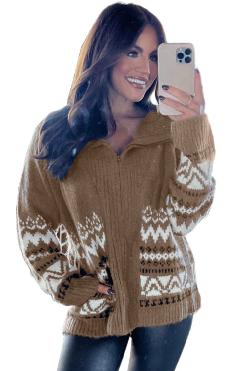 Women's Brown Western Printed Ribbed Trim Zip-Up Cardigan - Stylish & Cozy