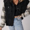 Women's Black Plaid Sleeve Hooded Denim Jacket - Stylish Fall Outerwear - Image 6