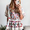 Women's White Boho Floral Print Ruffle Trim Blouse - Short Sleeve Round Neck - Image 5