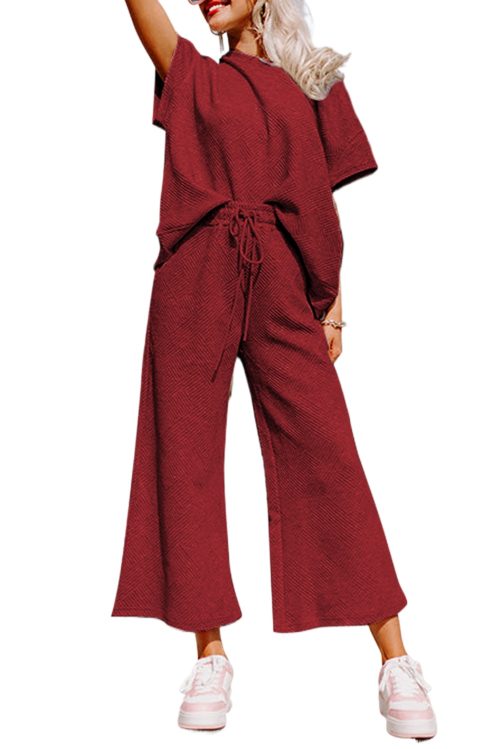 Women's Red Dahlia Textured Loose Fit T-Shirt and Drawstring Pants Set