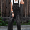 Women's Black Distressed Wide Leg Denim Overall with Bib Pocket - Image 3