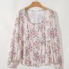 Women's Pink Floral Print Pleated U Neck Loose Fit Blouse - Elegant and Charming - Image 7