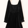 Plus Size Black Velvet Flounce Sleeve Shirred Bodice Babydoll Dress - Image 9