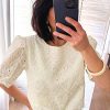 Elegant Beige Eyelet Embroidered Half Sleeve Blouse for Women - Image 3