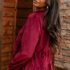 Women's Burgundy Corduroy Ruffle Tiered Button O Neck Shirt - Image 4