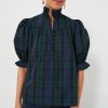 Elegant Green Stripe Plaid Puff Sleeve Blouse with Frilled Trim - Image 4