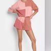 Peach Blossom Colorblock Patchwork Long Sleeve Short Set for Women - Image 6