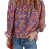 Women's Purple Floral Allover Print Shirred Cuff Frilled O Neck Blouse - Image 8