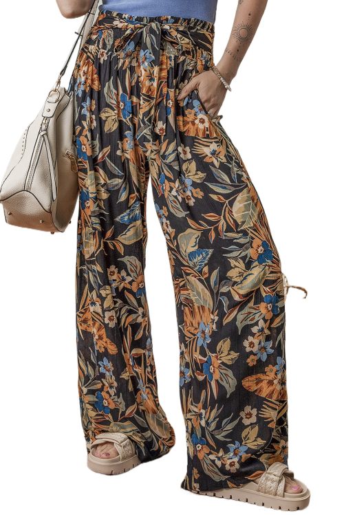 Women's Multicolour Floral Shirred High Waist Wide Leg Pants with Adjustable Tie