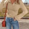 Women's Beige Ribbed Buttoned Collar Long Sleeve Slim Fit Top - Image 3