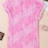 Women's Pink Abstract Print Flutter Sleeve Notch V Neck Blouse with Ric Rac Trim - Image 8