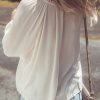 Women's Beige Floral Embroidered Textured Puff Sleeve Loose Shirt - Image 3