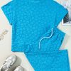 Women's Blue Leopard Jacquard Short Sleeve Top and Wide Leg Pants Set - Image 3