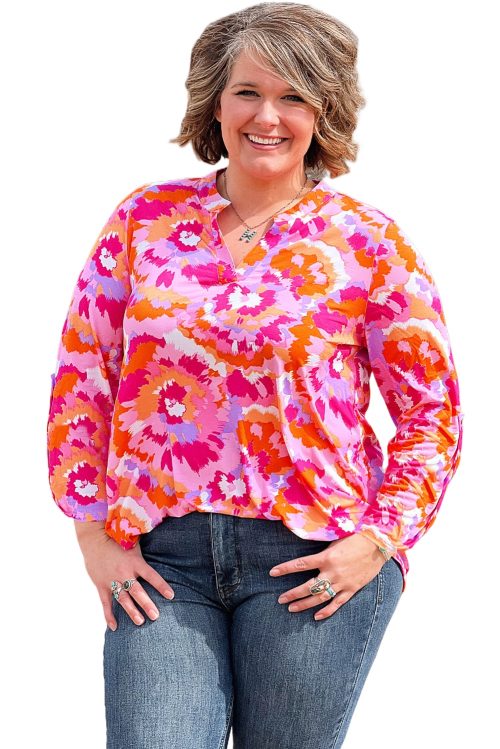 Women's Plus Size Pink Floral Print V-Neck Blouse