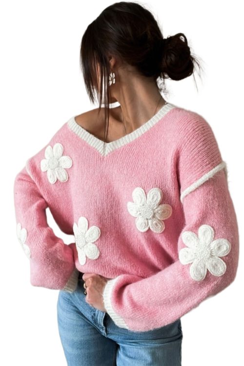 Women's Pink Floral V Neck Dropped Shoulder Sweater