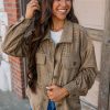 Female Dark Khaki Textured Chest Pocket Long Sleeve Shirt Jacket - Image 10