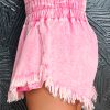 Women's Pink Washed Denim Shorts with Wide Smocked Waistband and Frayed Hem - Image 3