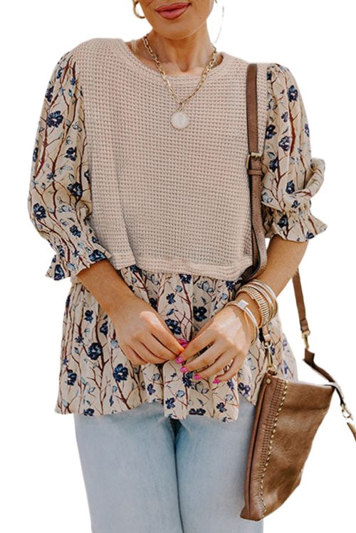 Women's Plus Size Beige Faux Two Piece Knit Patchwork Floral Print Top