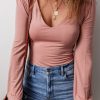 Women's Fushia Plain V Neck Long Sleeve Casual Bodysuit - Image 4