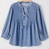 Chic Myosotis Denim Bow Tie Puff Sleeve Top with Pintuck Details - Image 3