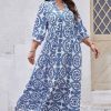 Plus Size Sky Blue Geometric Print Lace-up Notch Neck Maxi Dress - Image 6