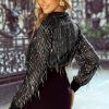 Women's Black Sequin Tassel Button Up Slim Fit Shirt - Image 2