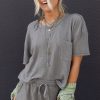 Women's Gray Solid Color Waffle Knit T-Shirt and Shorts Set - Casual Chic Two Piece Outfit - Image 6