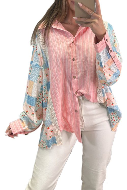 Women's Pink Stripe Floral Patchwork Tunic Shirt - Chic Loose Fit Design